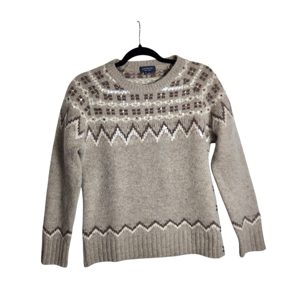 Gryphon New York Merino Angora Sequin Fair Isle Sweater Tan Brown Medium